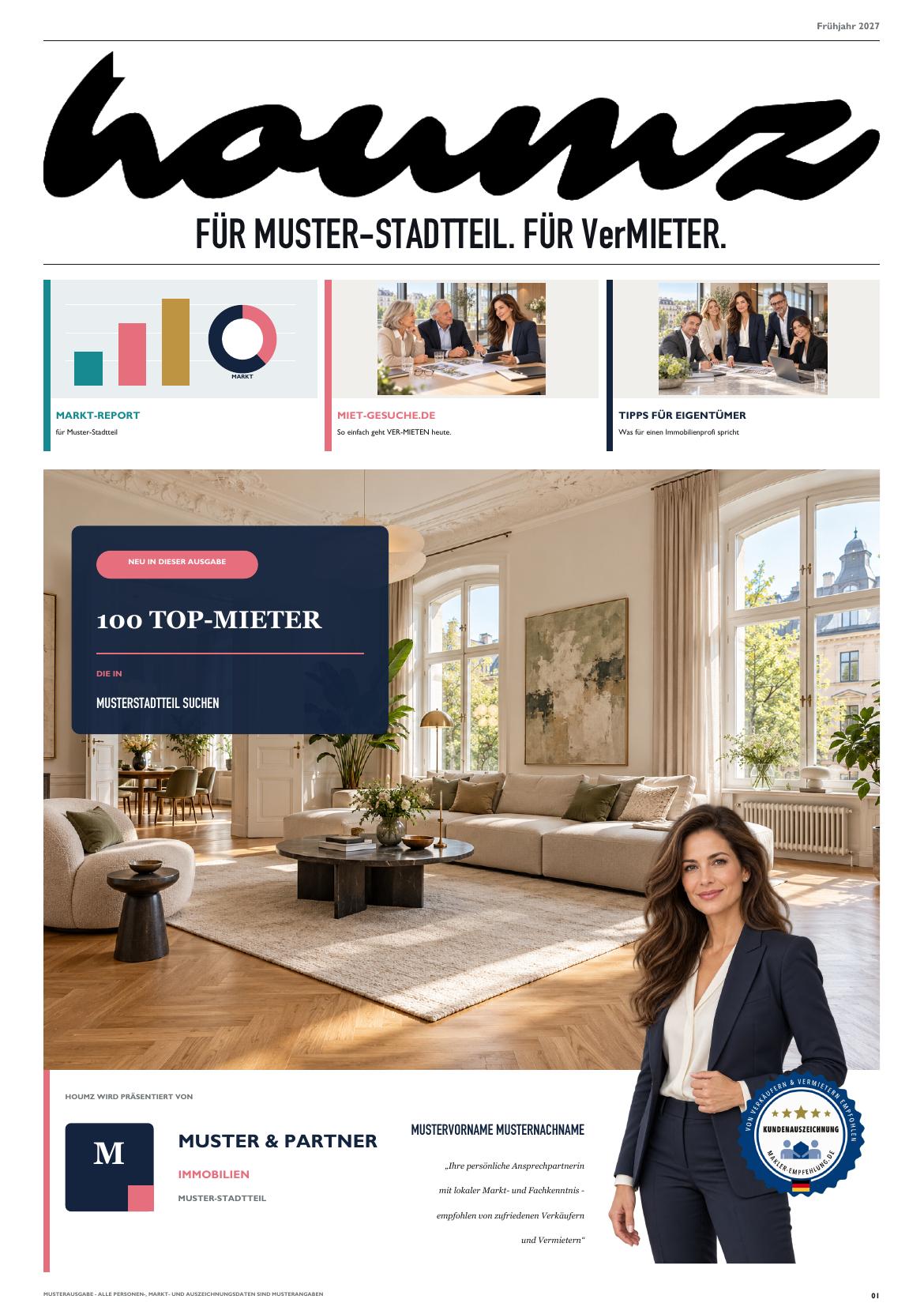 Originale Titelseite der 8-seitigen houmz-Musterausgabe mit Mustermaklerin Anna Berger
